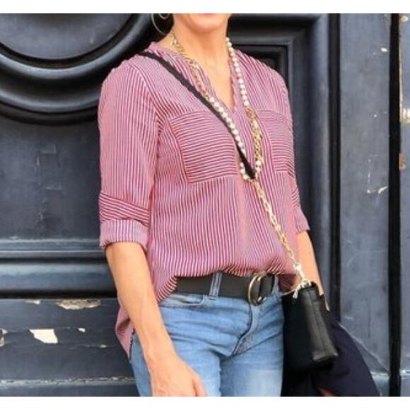 CAbi 5335 Franklin Striped Long Sleeve Spilt V Neck Blouse size Small - Picture 1 of 7